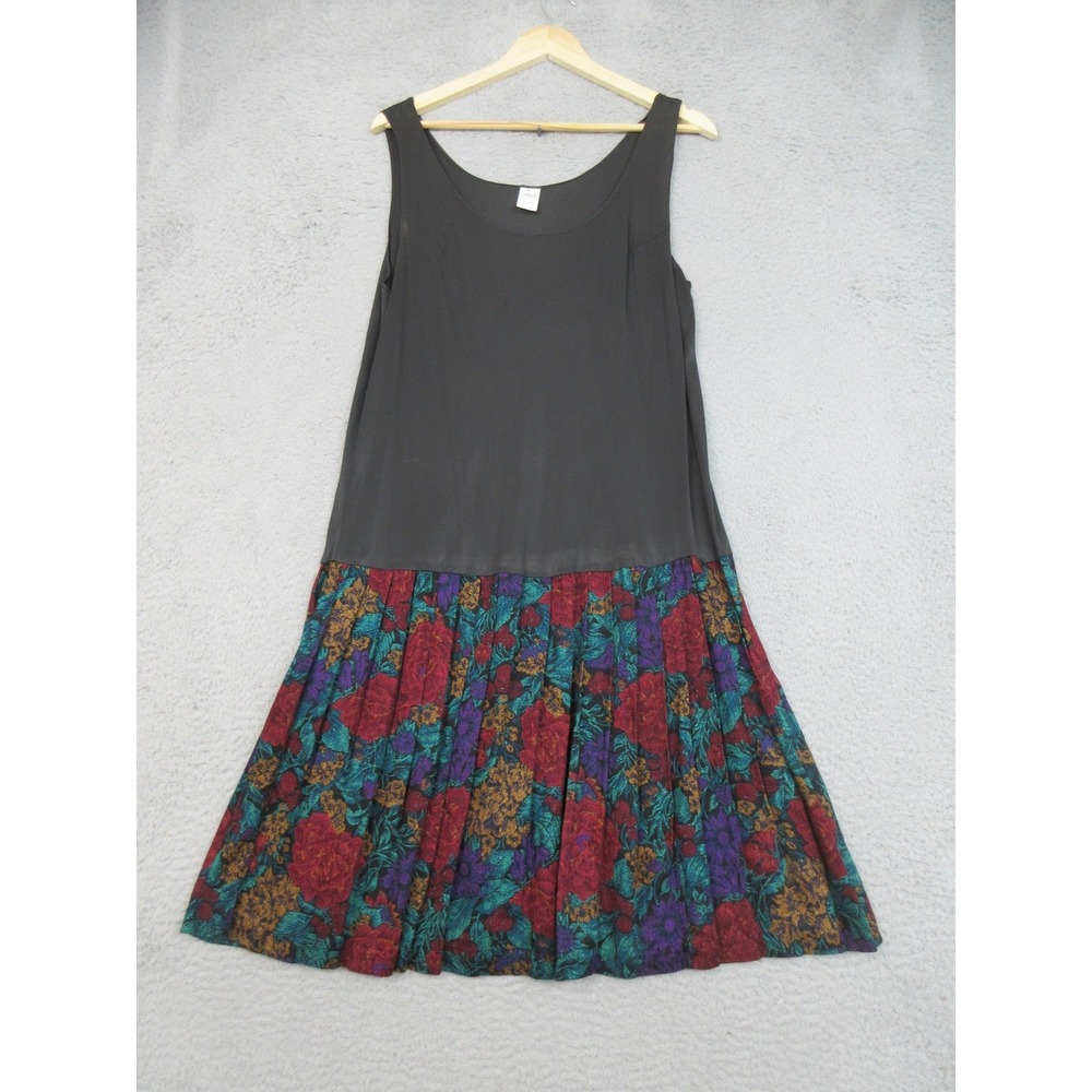 Vintage Floral Tank Dress Womens 14 Multicolor Pleated Skirt Midi Made USA